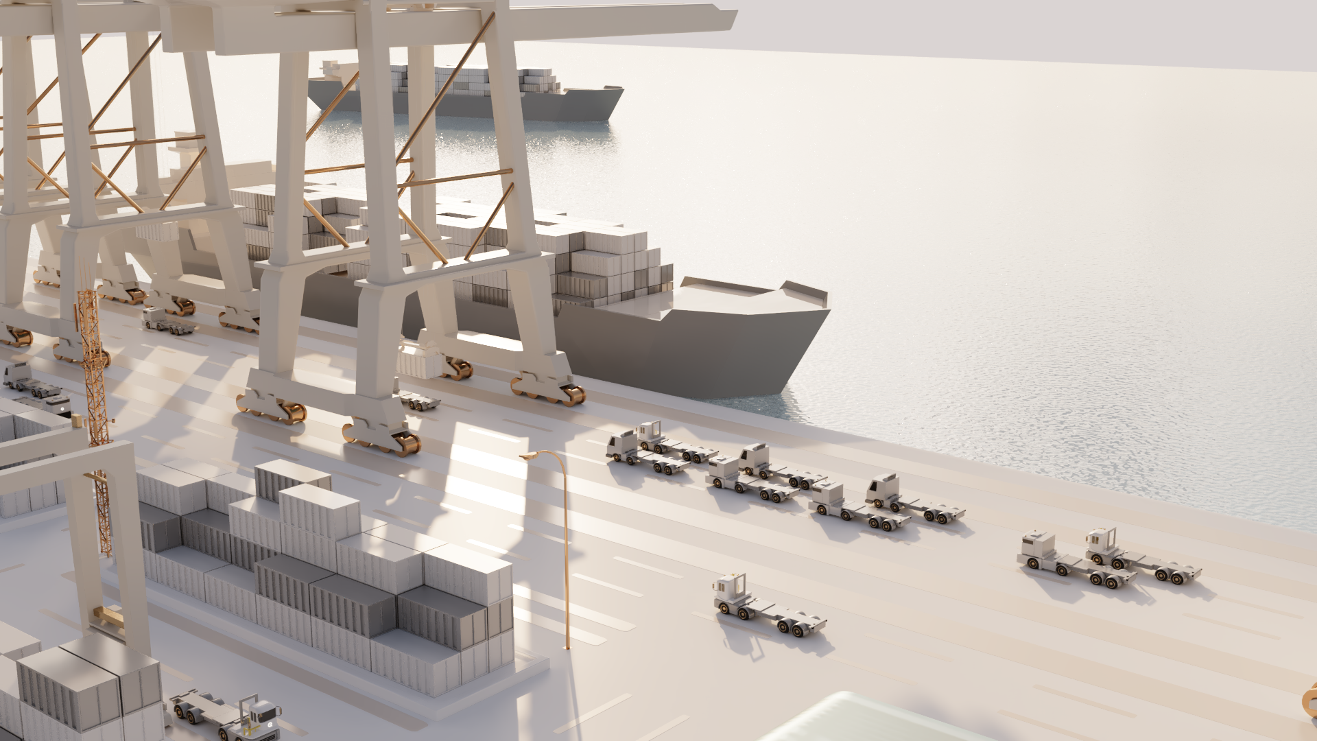 在模拟的智慧港口中，西井科技无人驾驶卡车作为智能移动单元，接收来自ReeWell平台（港口智慧大脑）的调度指令，正自主前往岸桥泊位，生动诠释了从全局智能规划到无人化精准执行的闭环。