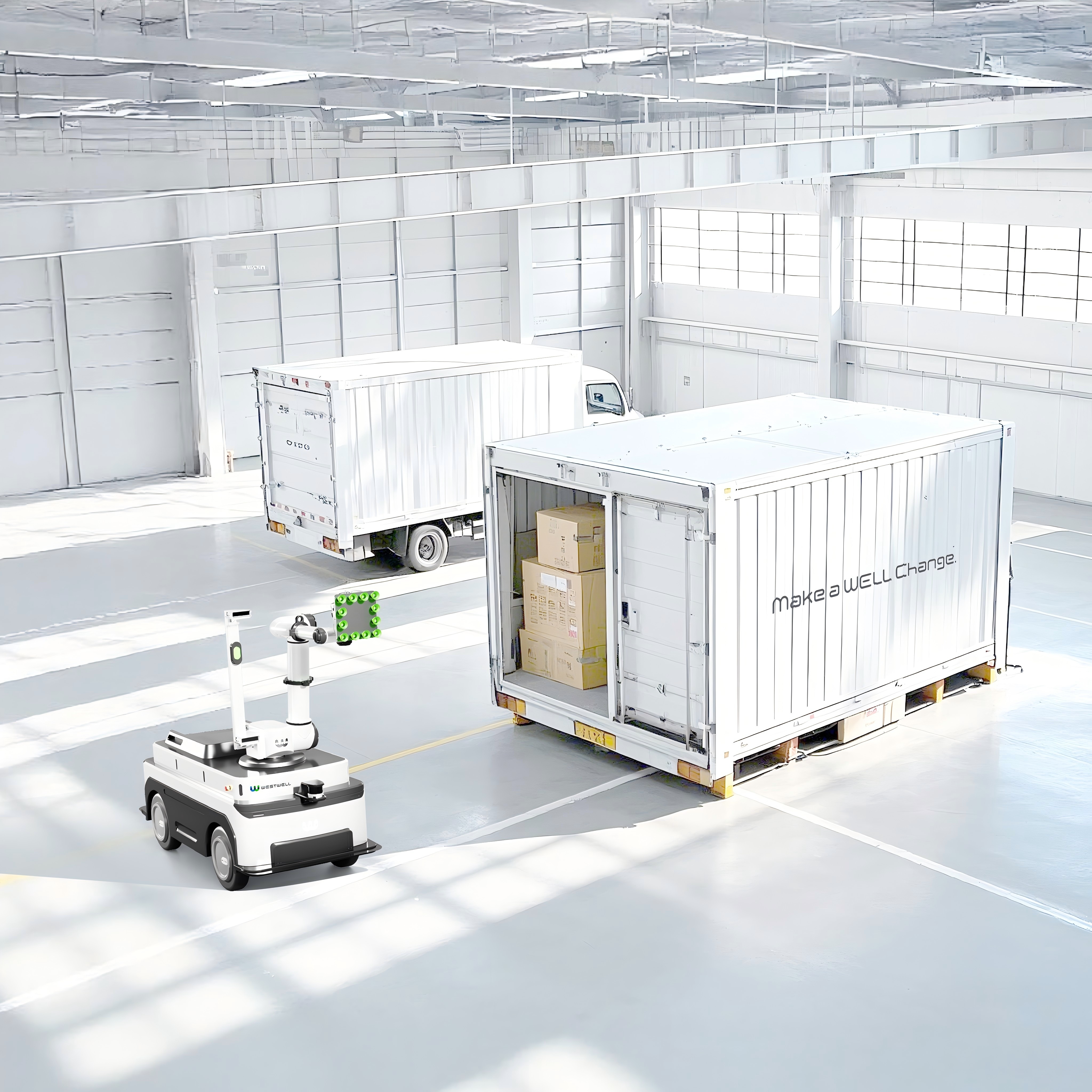 Westwell Well-bot AMR 智能物流机器人在仓库内自主进行卸货作业，实现无缝动态物流闭环。